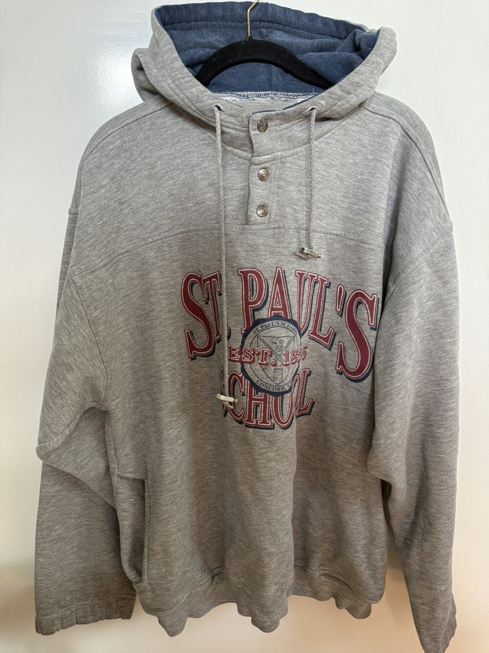 VTG Jansport St. Paul’s School Hoodie Mens XL Grey Henley Sweatshirt button neck